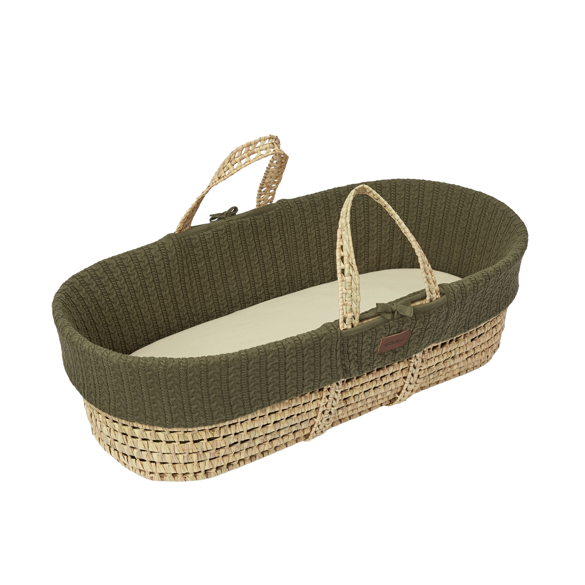 Little green sheep organic moses basket bundle in juniper green, including folding stand, sheets and mattress protector.