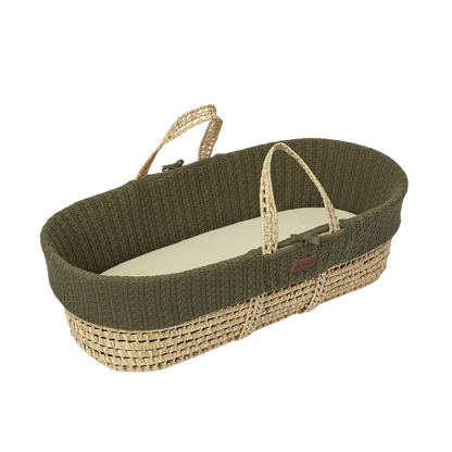 Little green sheep organic moses basket bundle in juniper green, including folding stand.