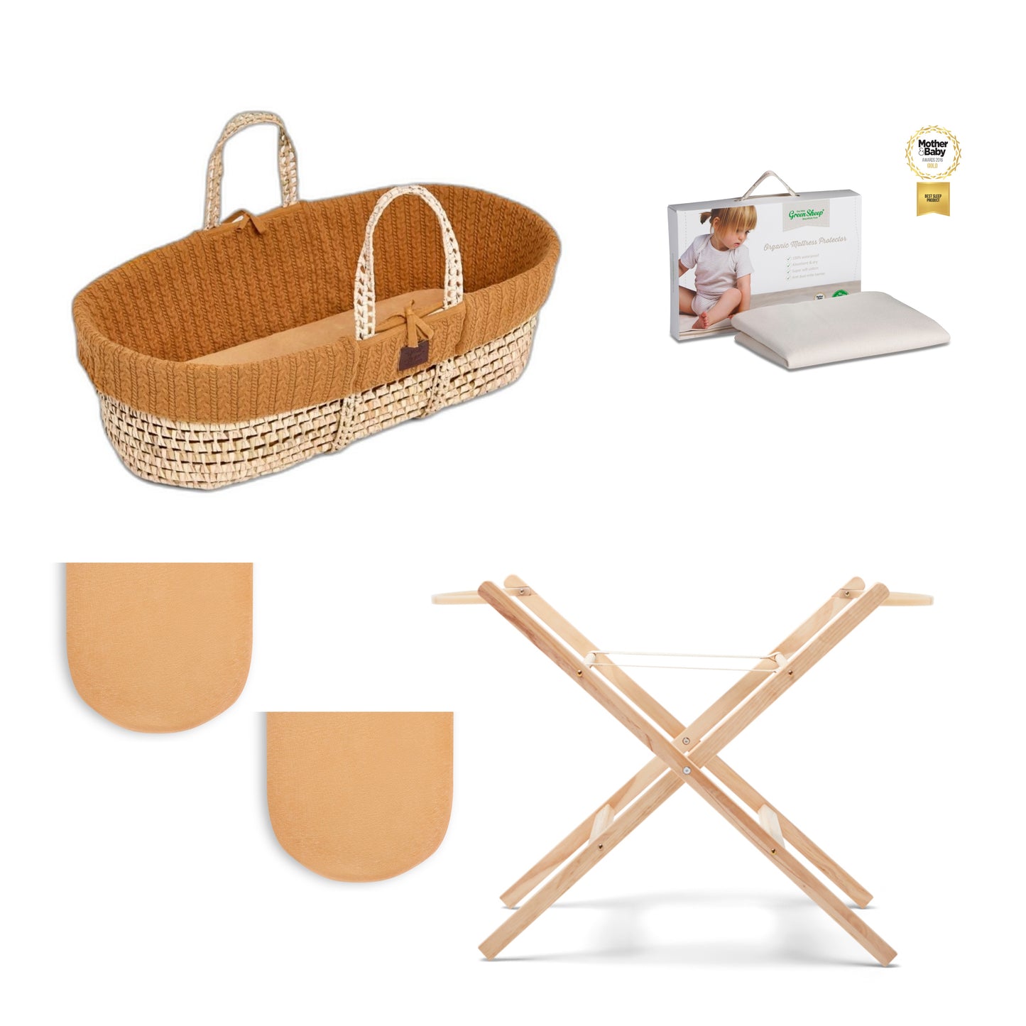 Moses Basket Bundle in honey with stand, protector and  2 sets of sheets