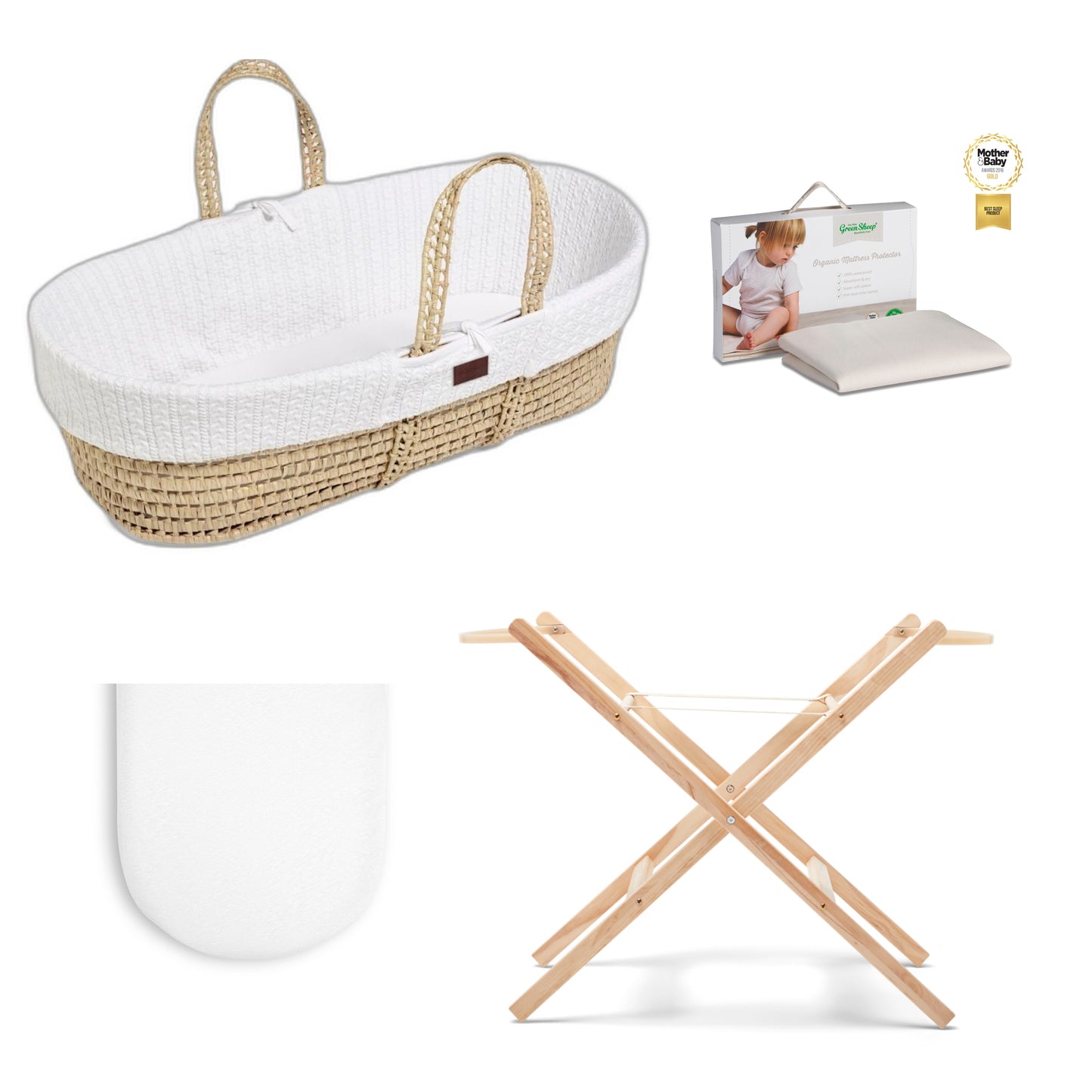 Moses Basket Bundle in white with stand, protector and 1 set of sheets