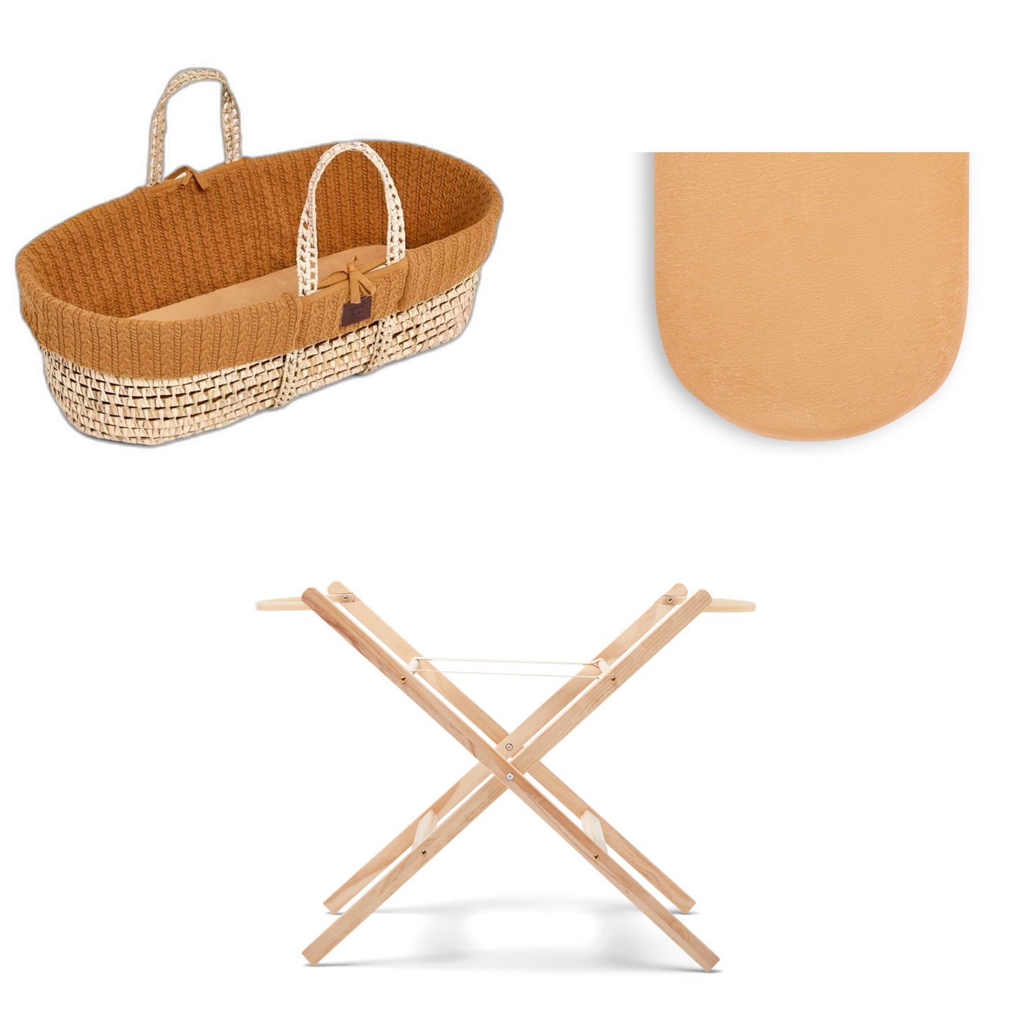 Moses Basket Bundle in honey with stand 1 set of sheets