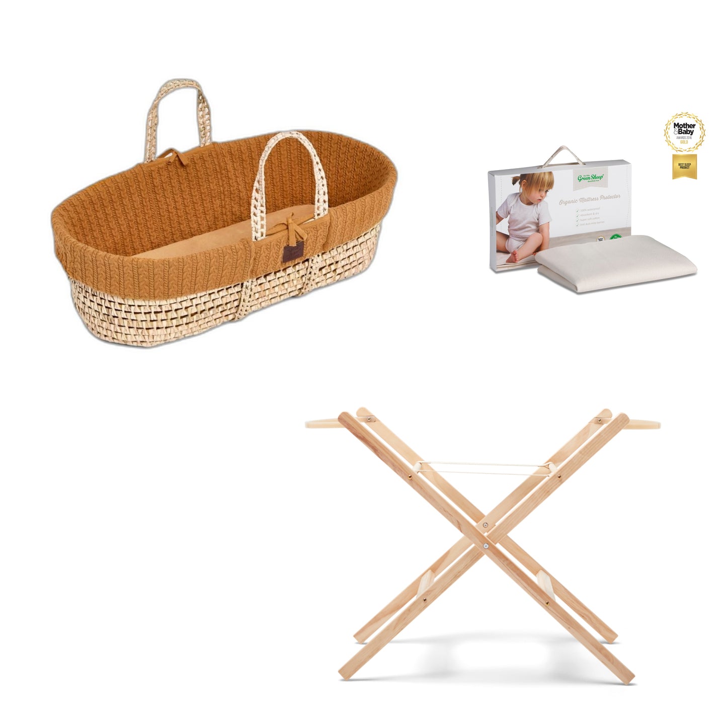 Moses Basket Bundle in honey with stand and protector