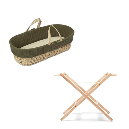 Little green sheep organic moses basket bundle in juniper green, including folding stand.