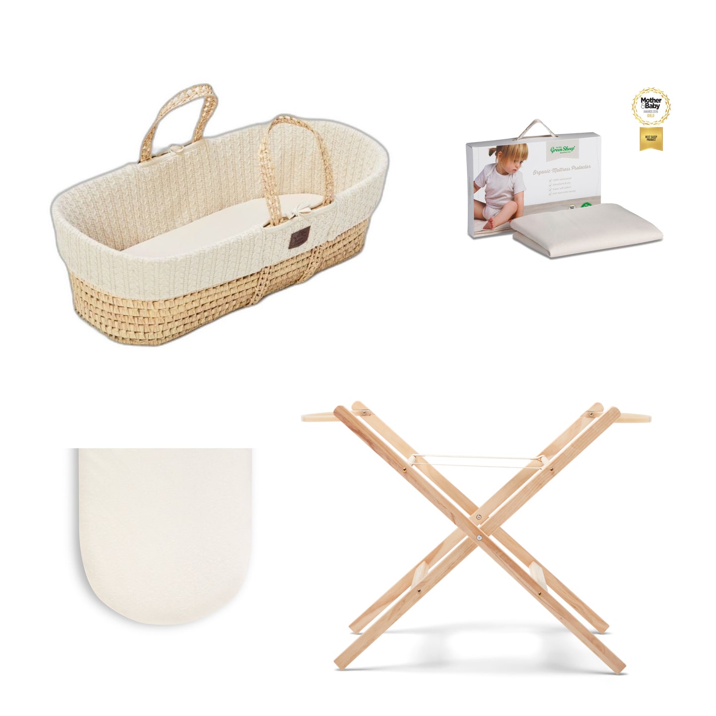 Moses Basket Bundle in linen with stand, protector and  1 set of sheets