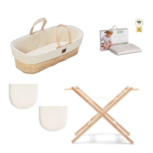 Moses Basket Bundle in linen with stand, protector and  2 sets of sheets