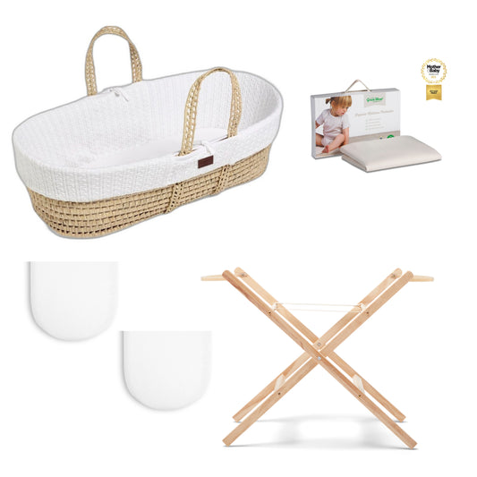 Moses Basket Bundle in white with stand, protector and  2 sets of sheets