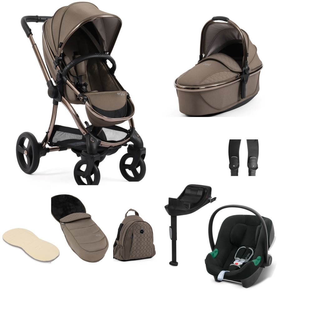 Egg 3 stroller in carbonite including an aton b2 car seat and base and accessories