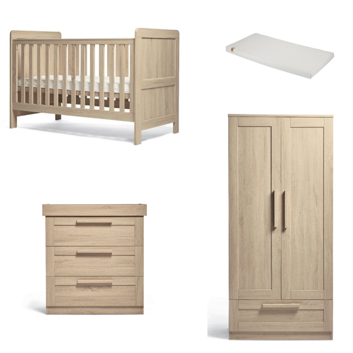 Mamas and Papas 3 piece bundle with cot bed, dresser and a wardrobe with CuddleCo Lullaby Mattress