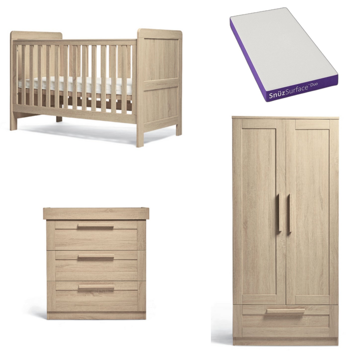 Mamas and Papas 3 piece bundle with cot bed, dresser and a wardrobe with SnuzDuo Mattress