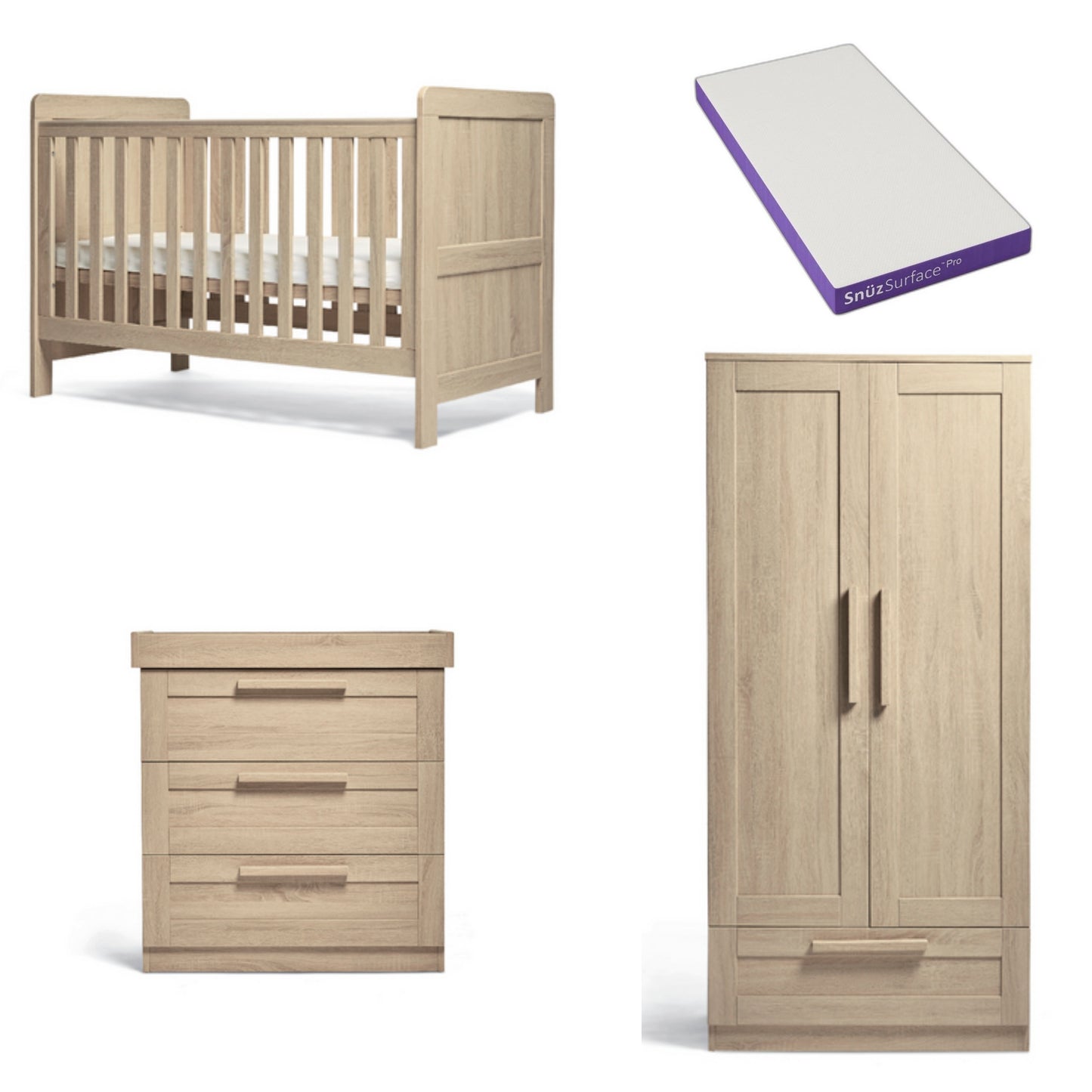 Mamas and Papas 3 piece bundle with cot bed, dresser and a wardrobe with SnuzPro Mattress