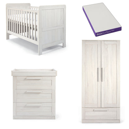 Mamas and Papas 3 piece bundle in nimbus white with cotbed and dresser and a wardrobe with SnuzDuo mattress