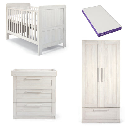 Mamas and Papas 3 piece bundle in nimbus white with cotbed and dresser and a wardrobe with SnuzPro mattress