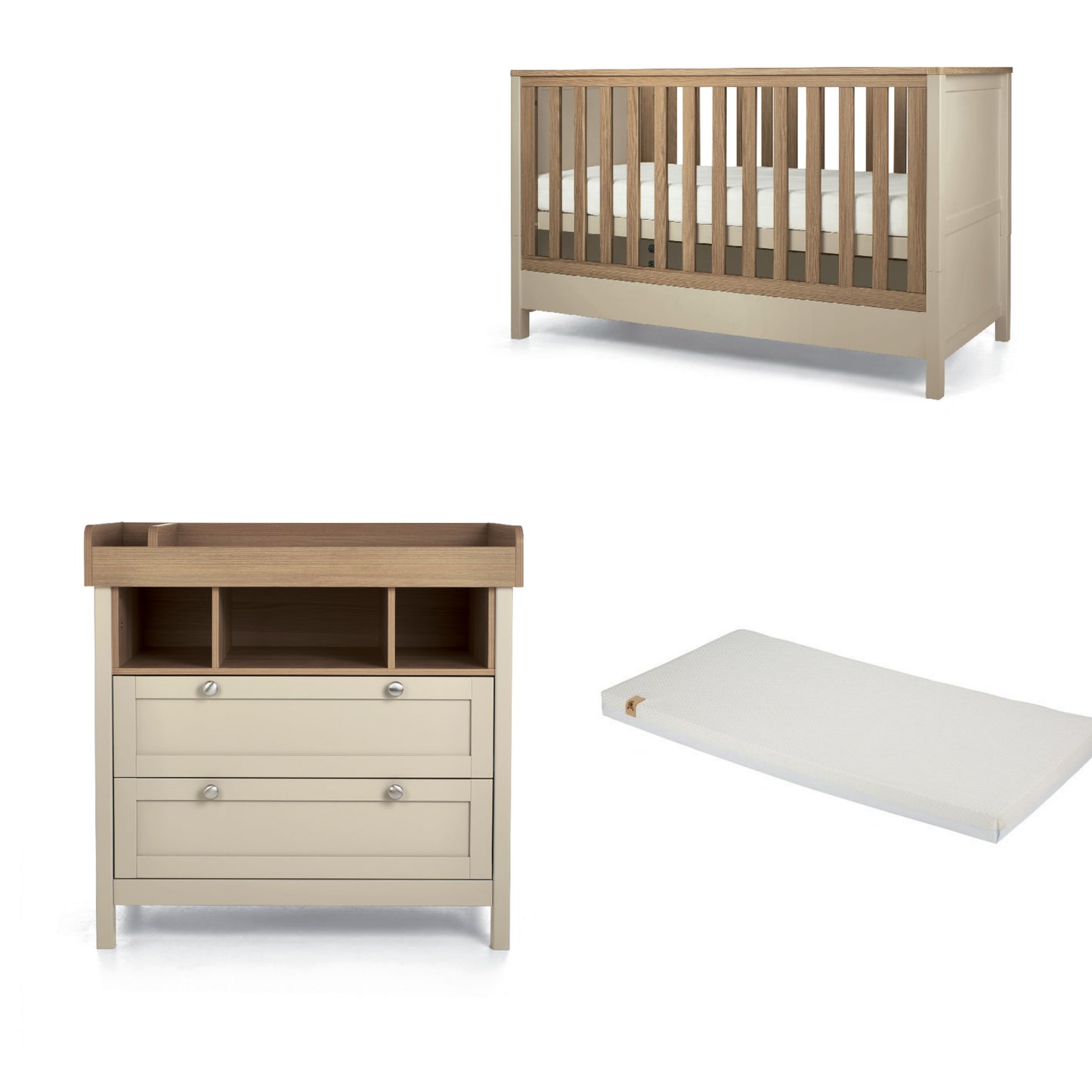 Mamas & Papas Harwell cotbed and dresser in cashmere with CuddleCo Lullaby Mattress