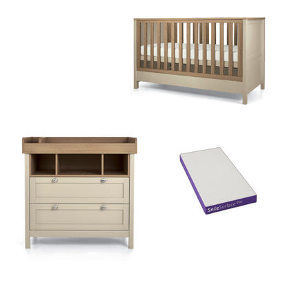 Mamas & Papas Harwell cotbed and dresser in cashmere with SnuzDuo Mattress