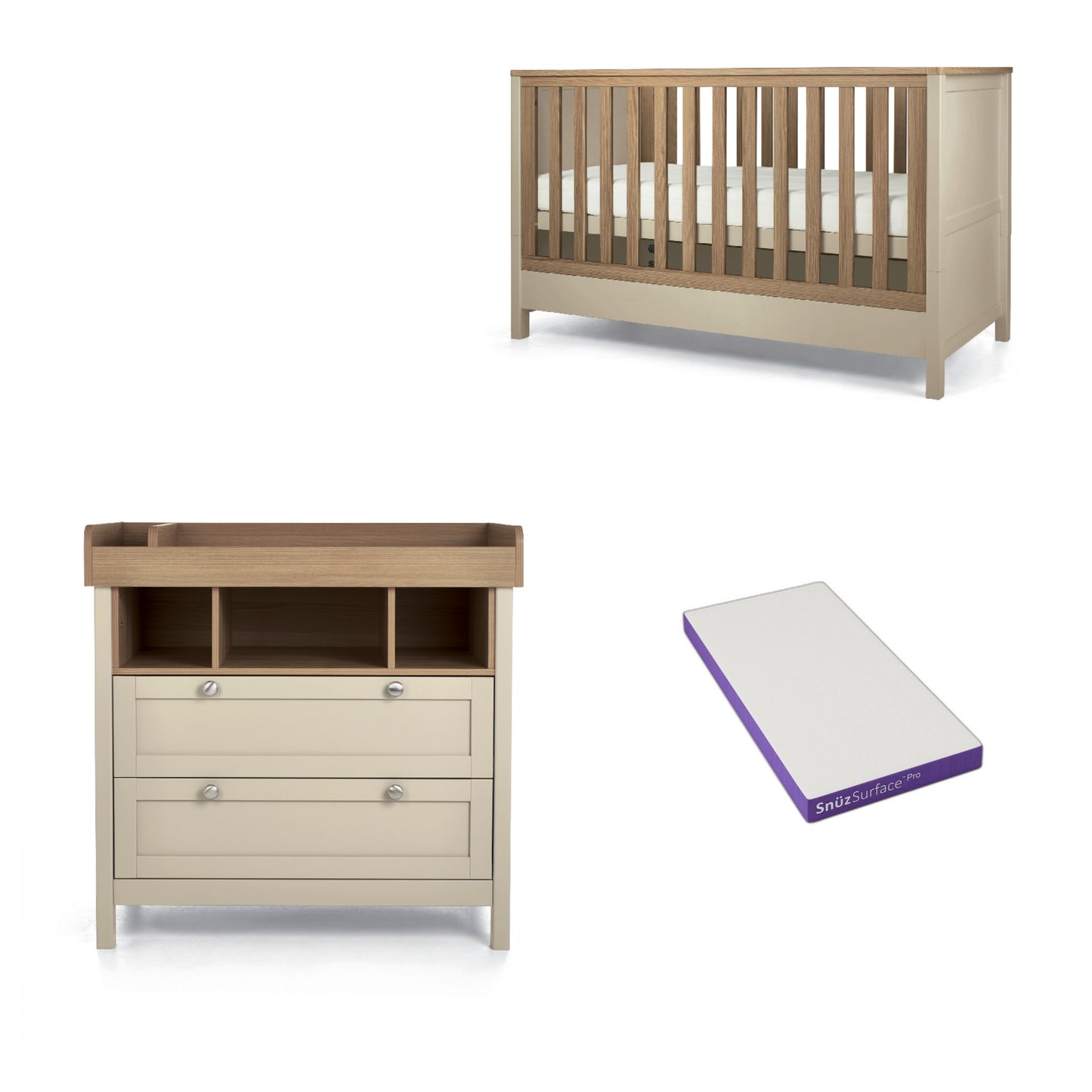 Mamas & Papas Harwell cotbed and dresser in cashmere with SnuzPro Mattress