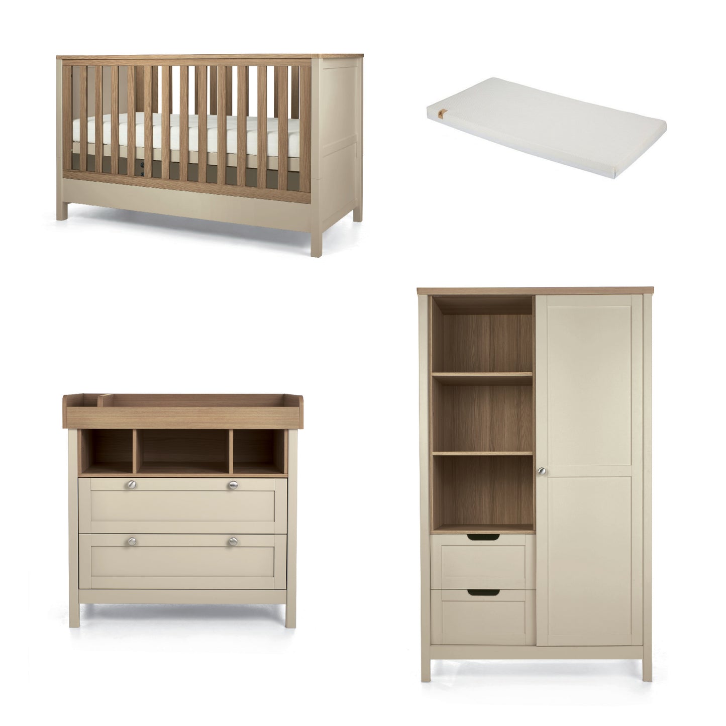 Mamas & Papas harwell 3 piece with cot bed, dresser and wardrobe with CuddleCo Lullaby Mattress