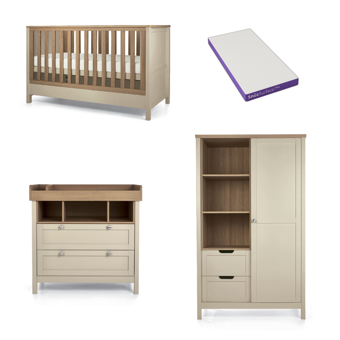 Mamas & Papas harwell 3 piece with cot bed, dresser and wardrobe with SnuzPro Mattress
