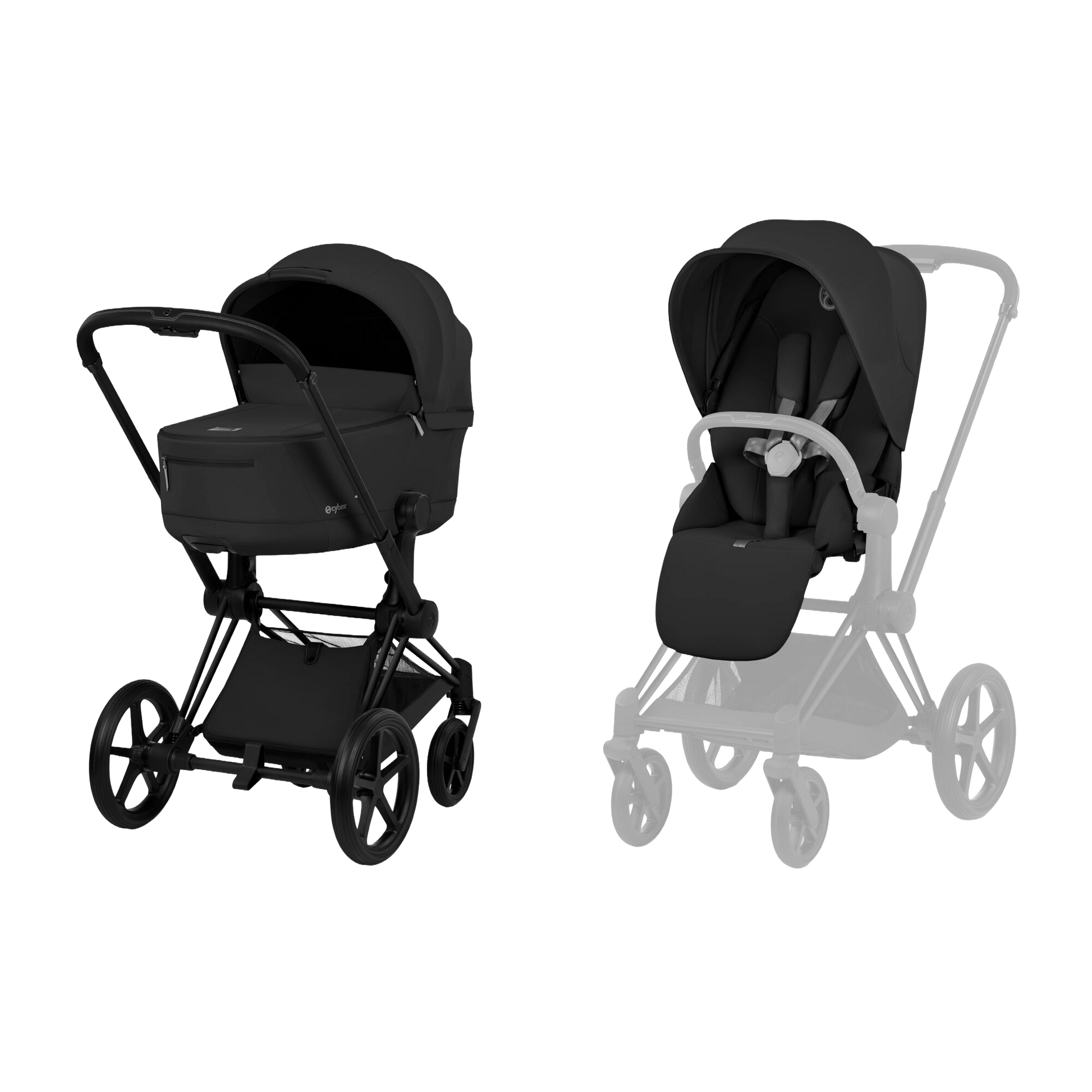 Cybex Priam Pushchair & carrycot in Sepia Black colourway, complete with all babies essential including car seat, tripp trapp highchair, crib and bath.