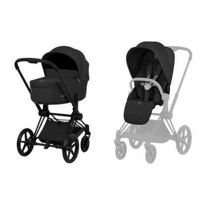 Cybex Priam Pushchair & carrycot in Sepia Black colourway, complete with all babies essential including car seat, tripp trapp highchair, crib and bath.
