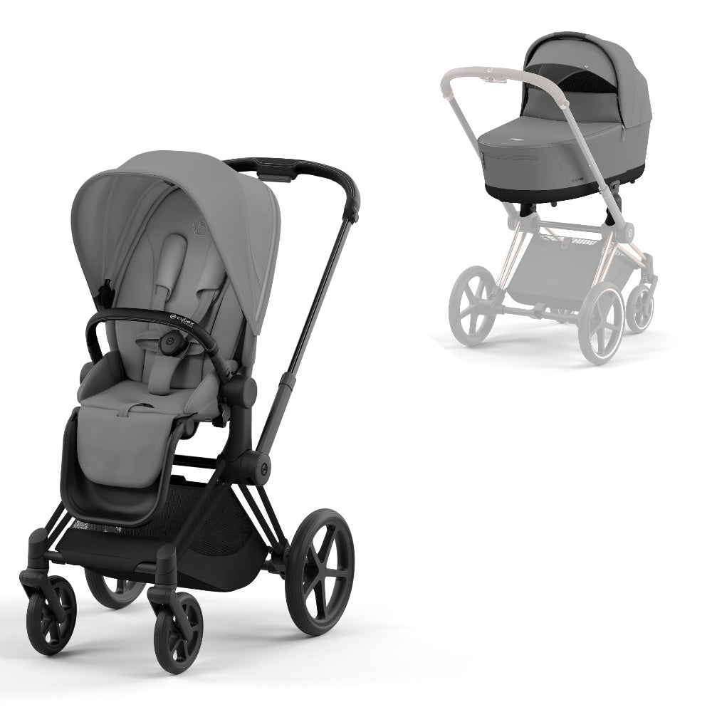 Cybex Priam in mirage grey on a matt black chassis with seat unit and carrycot.