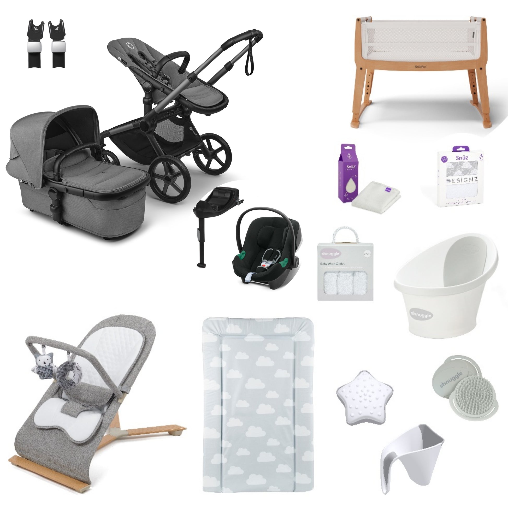 Bugaboo Pushchair & carrycot in Moon grey with accessories, complete with all babies essential including car seat, crib, bath and bath time accessories.