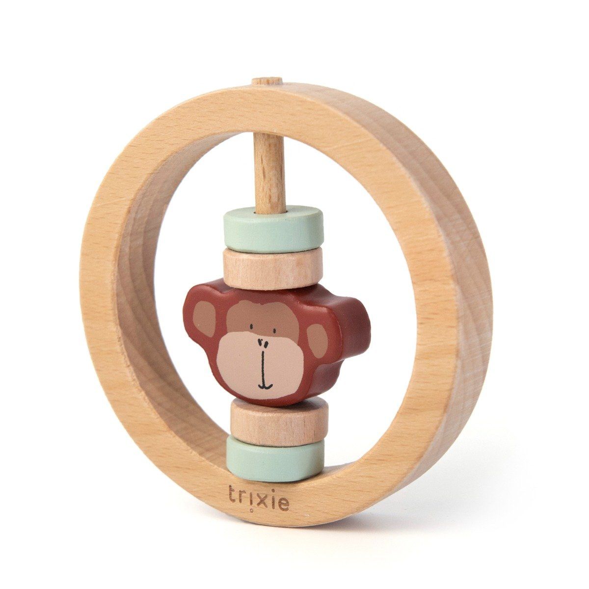 Wooden rattle with monkey design.