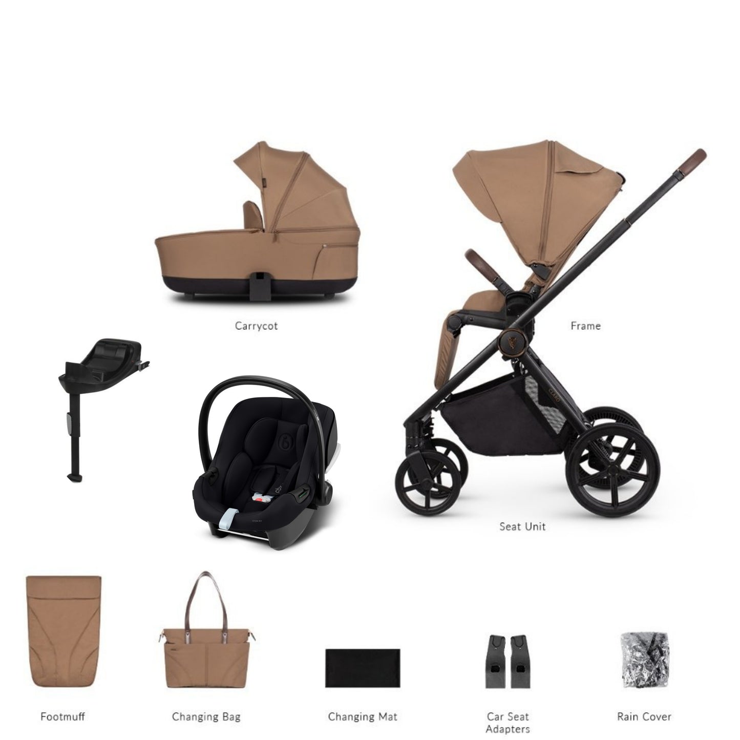 Venicci Claro Caramel bundle showcasing Aton b2 and base with accessories
