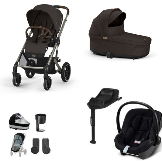 Cybex Balios travel system in Chocolate Brown with aton b2 car seat and isofix base, and footmuff.