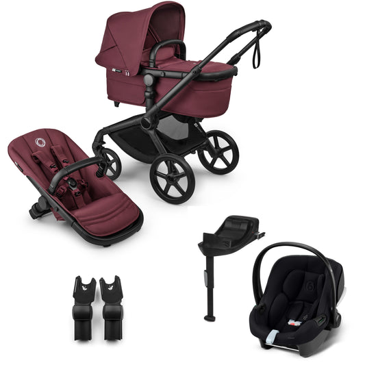 Bugaboo Fox 5 in dark cherry complete, with aton B2 car seat and base.