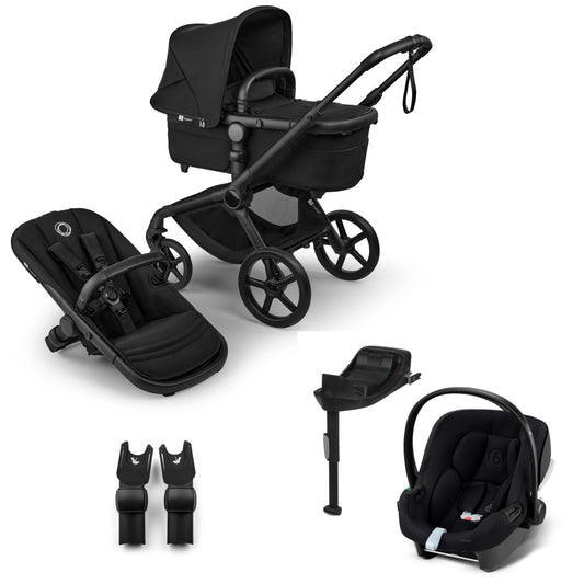 Bugaboo Fox 5 in black complete, with aton B2 car seat and base.
