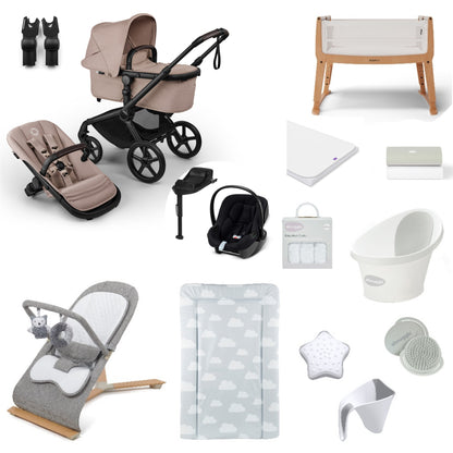 Bugaboo Pushchair & carrycot in desert taupe with accessories, complete with all babies essential including car seat, crib, bath and bath time accessories.