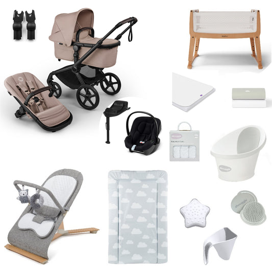 Bugaboo Pushchair & carrycot in desert taupe with accessories, complete with all babies essential including car seat, crib, bath and bath time accessories.