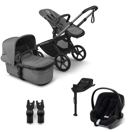 Bugaboo Fox 5 in moon grey complete, with aton B2 car seat and base.