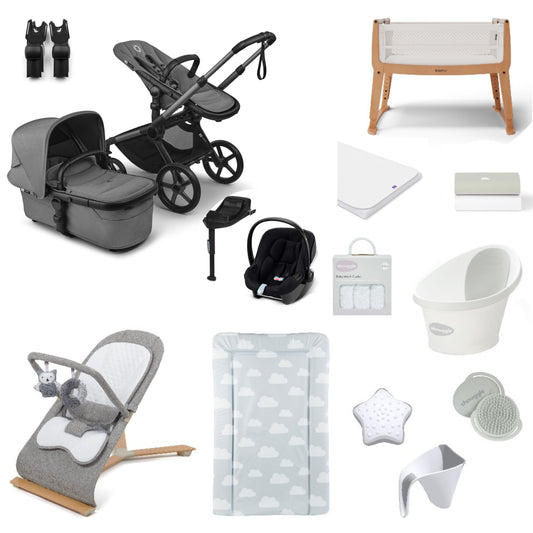 Bugaboo Pushchair & carrycot in Moon grey with accessories, complete with all babies essential including car seat, crib, bath and bath time accessories.