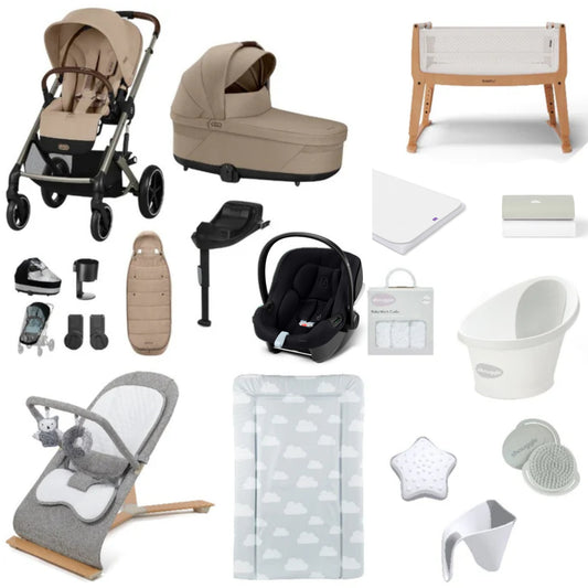 Cybex Balios Pushchair & carrycot in Almond Beige, complete with all babies essential including car seat, crib, bath and bath time accessories.