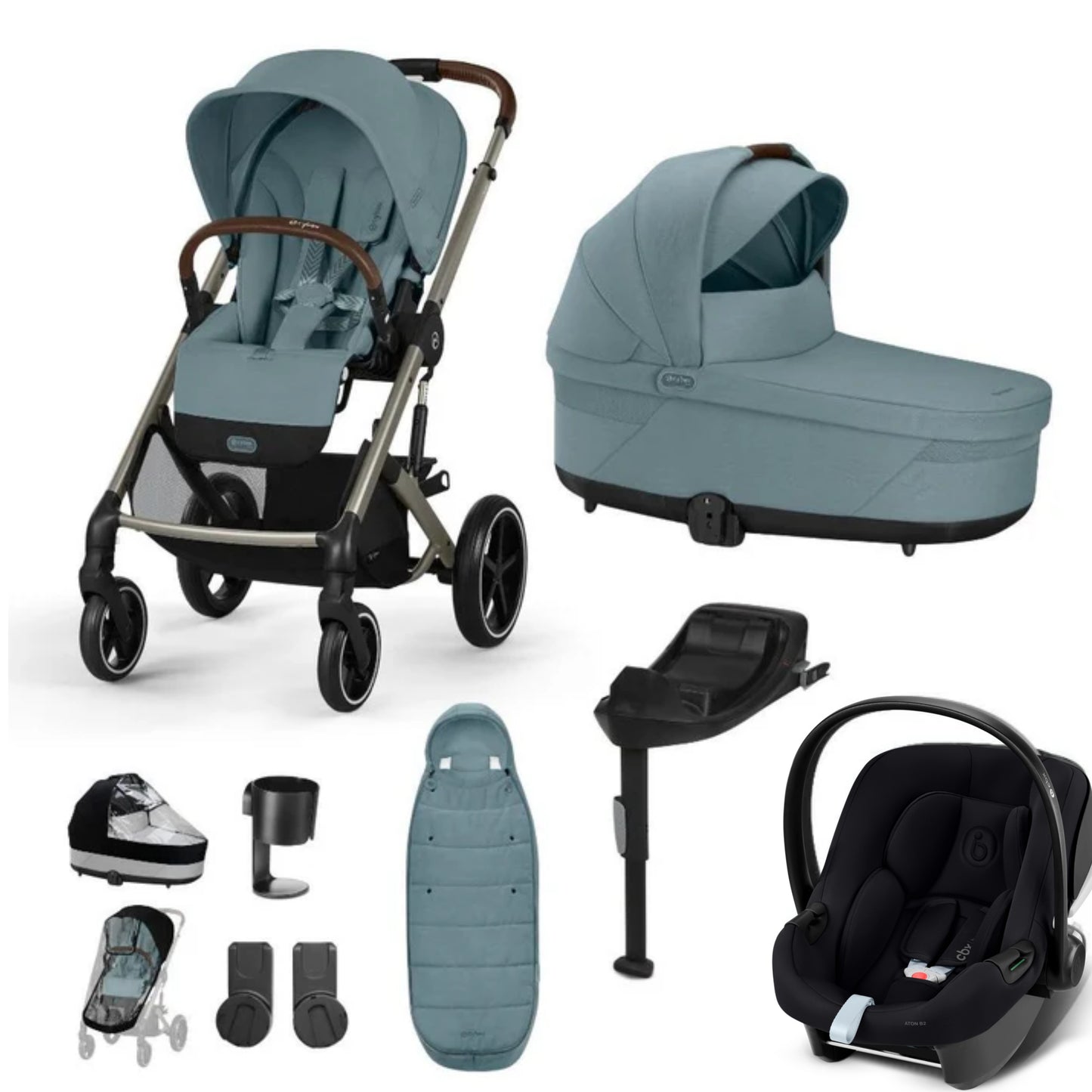 Cybex Balios travel system in stormy blue with aton b2 car seat and isofix base, and footmuff.