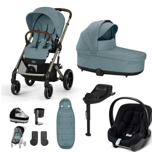 Cybex Balios travel system in stormy blue with aton b2 car seat and isofix base, and footmuff.