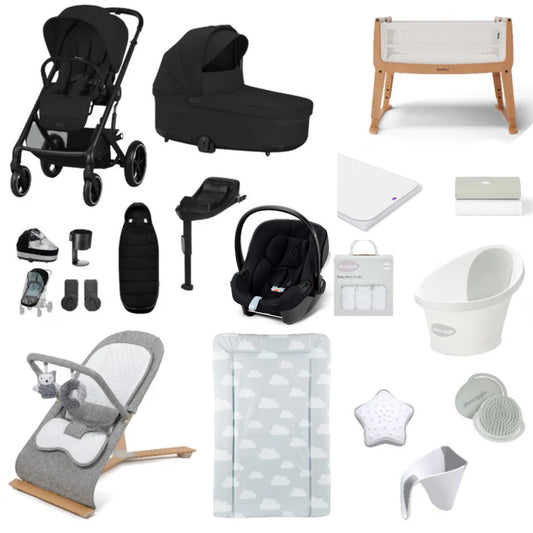 Cybex Balios Pushchair & carrycot in Moon Black, complete with all babies essential including car seat, crib, bath and bath time accessories.