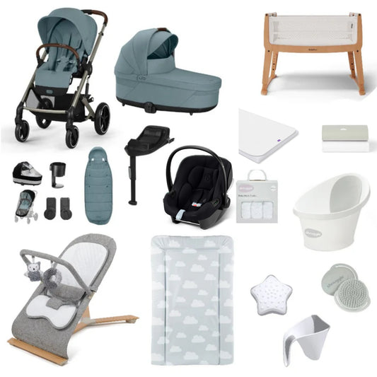 Cybex Ballios Pushchair & carrycot in Stormy Blue, complete with all babies essential including car seat, crib, bath and bath time accessories 