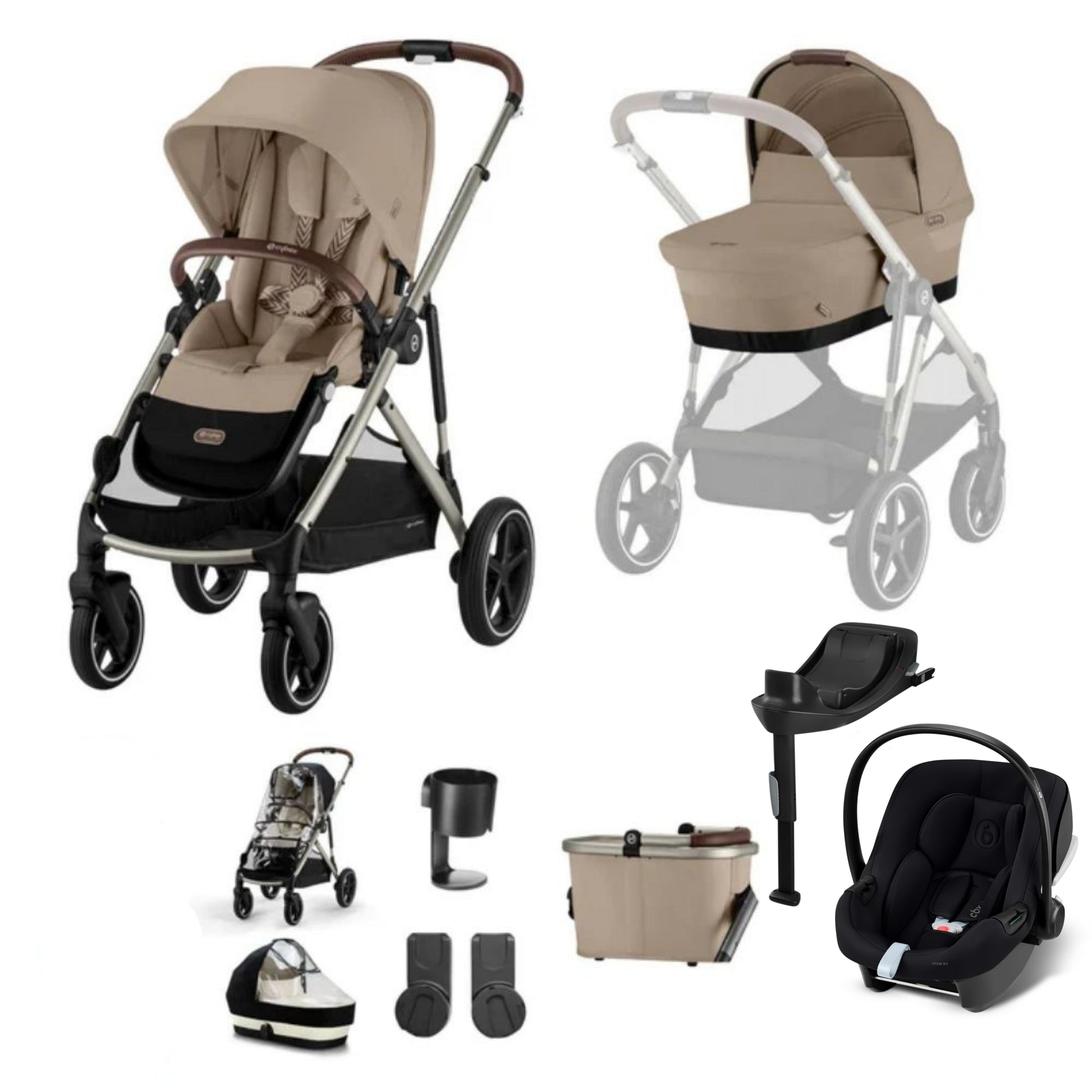 Cybex Gazelle travel system in almond beige with aton b2 car seat and isofix base, but no footmuff.