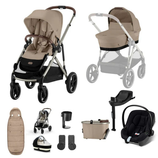 Cybex Gazelle travel system in almond beige with aton b2 car seat and isofix base, and footmuff.