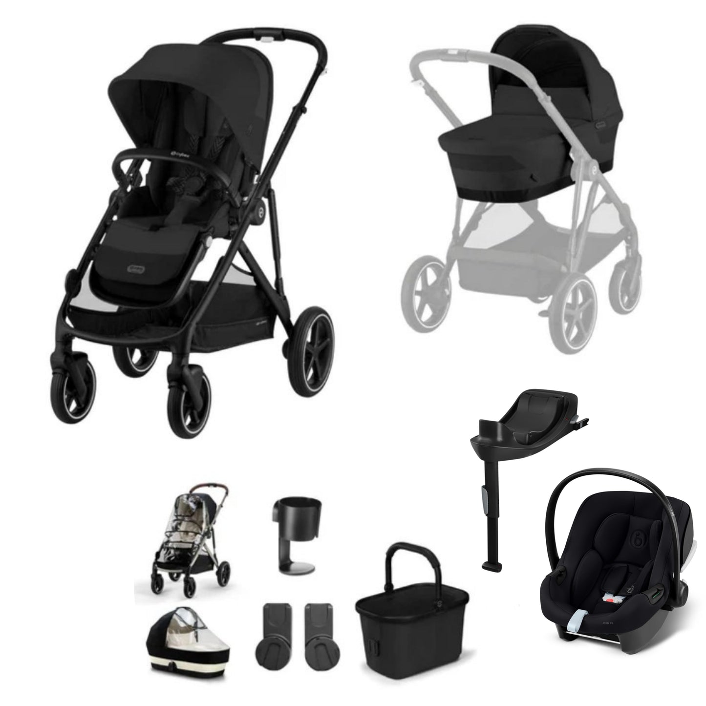 Cybex Gazelle travel system in moon black with aton b2 car seat and isofix base, but no footmuff.