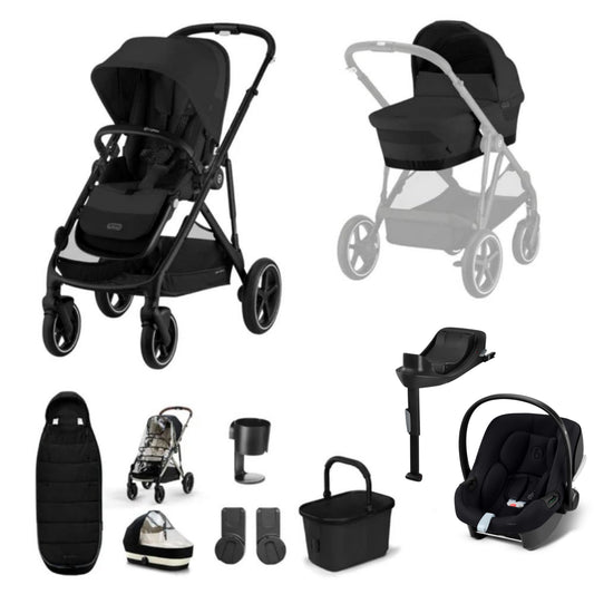 Cybex Gazelle travel system in moon black with aton b2 car seat and isofix base, and footmuff.