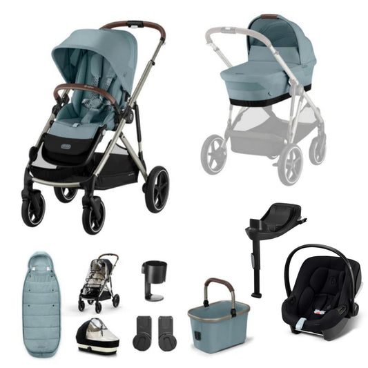Cybex Gazelle travel system in stormy blue with aton b2 car seat and isofix base, and footmuff.