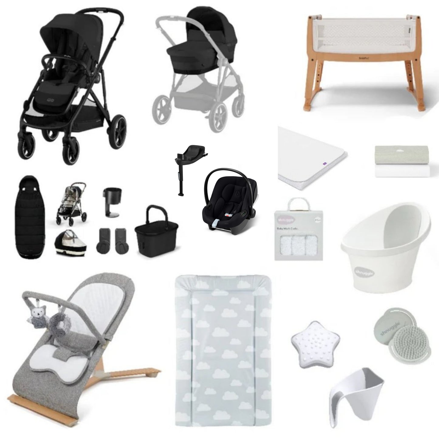 Cybex Gazelle Pushchair & carrycot in Moon Black, complete with all babies essential including car seat, crib, bath and bath time accessories.