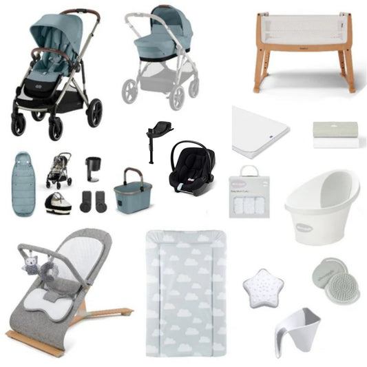 Cybex Gazelle Pushchair & carrycot in Stormy Blue, complete with all babies essential including car seat, crib, bath and bath time accessories.