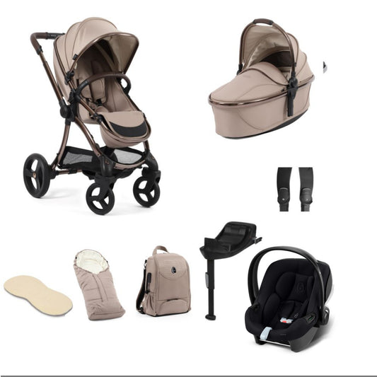 Egg 3 stroller in houndstooth almond including an aton b2 car seat and base  and accessories