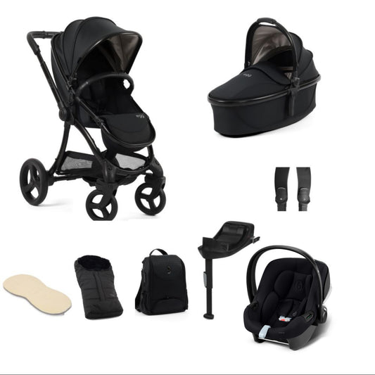 Egg 3 stroller in Houndstooth black including an aton b2 car seat and base and accessories