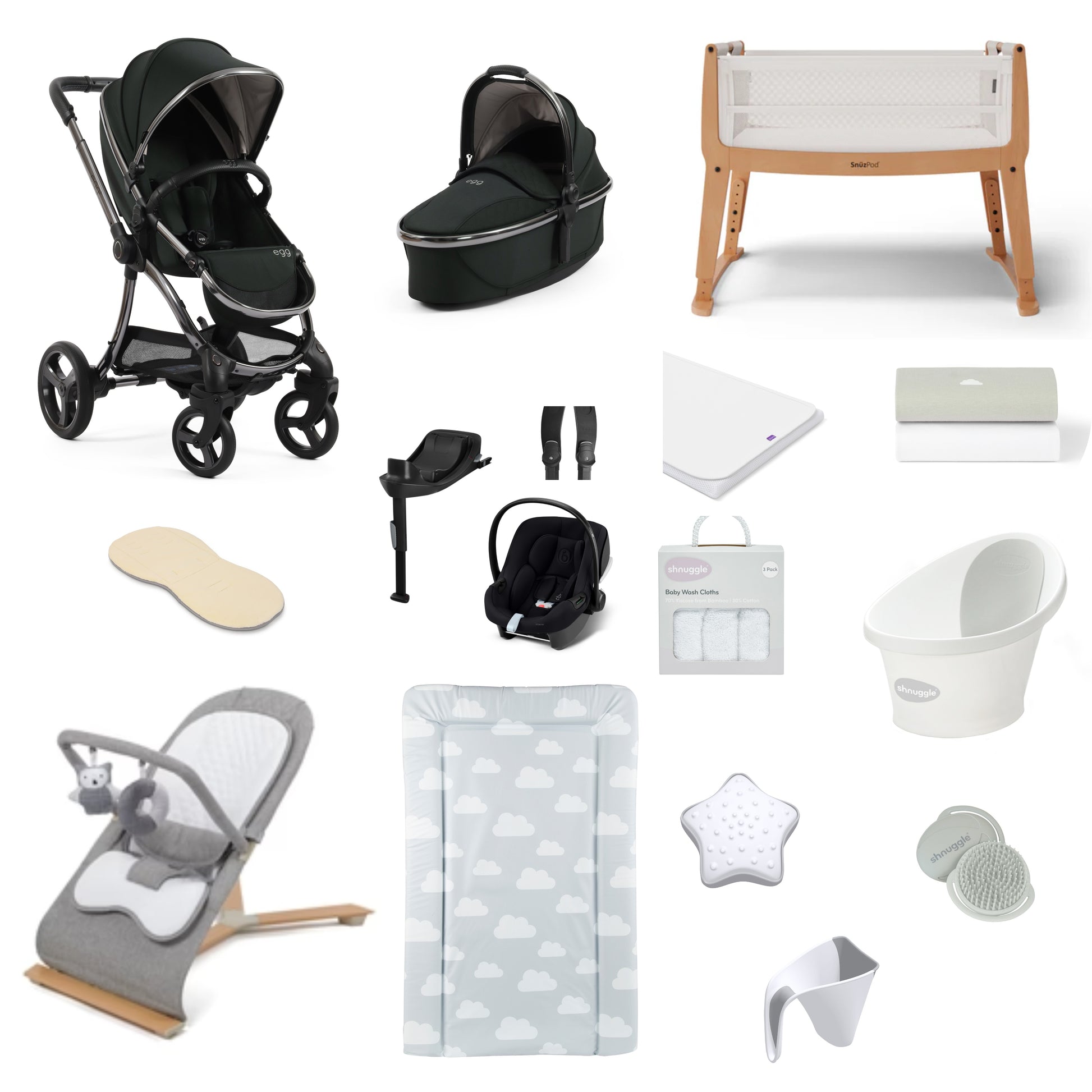 Egg 3 Pushchair & carrycot in Black Olive, complete with all babies essential including car seat, crib, bath and bath time accessories.
