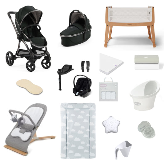 Egg 3 Pushchair & carrycot in Black Olive, complete with all babies essential including car seat, crib, bath and bath time accessories.